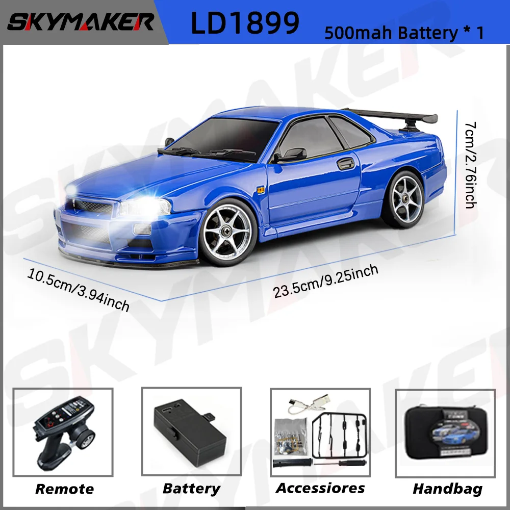 LDRC 1/18 RC Drift Car LD1899 GTR Mode R34 2.4Ghz RWD with Gyroscope On-Road Alloy Body Shell Racing Car for Boys Gifts