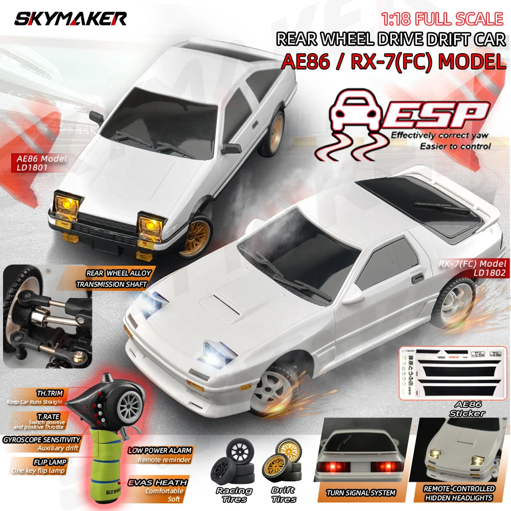 AE86 Model LD1801 RX-7 FC LD1802 1:18 RC Drift Car 1/18 2.4G Remote Control ESP Gyroscope LED Mini RC Racing Car Toys