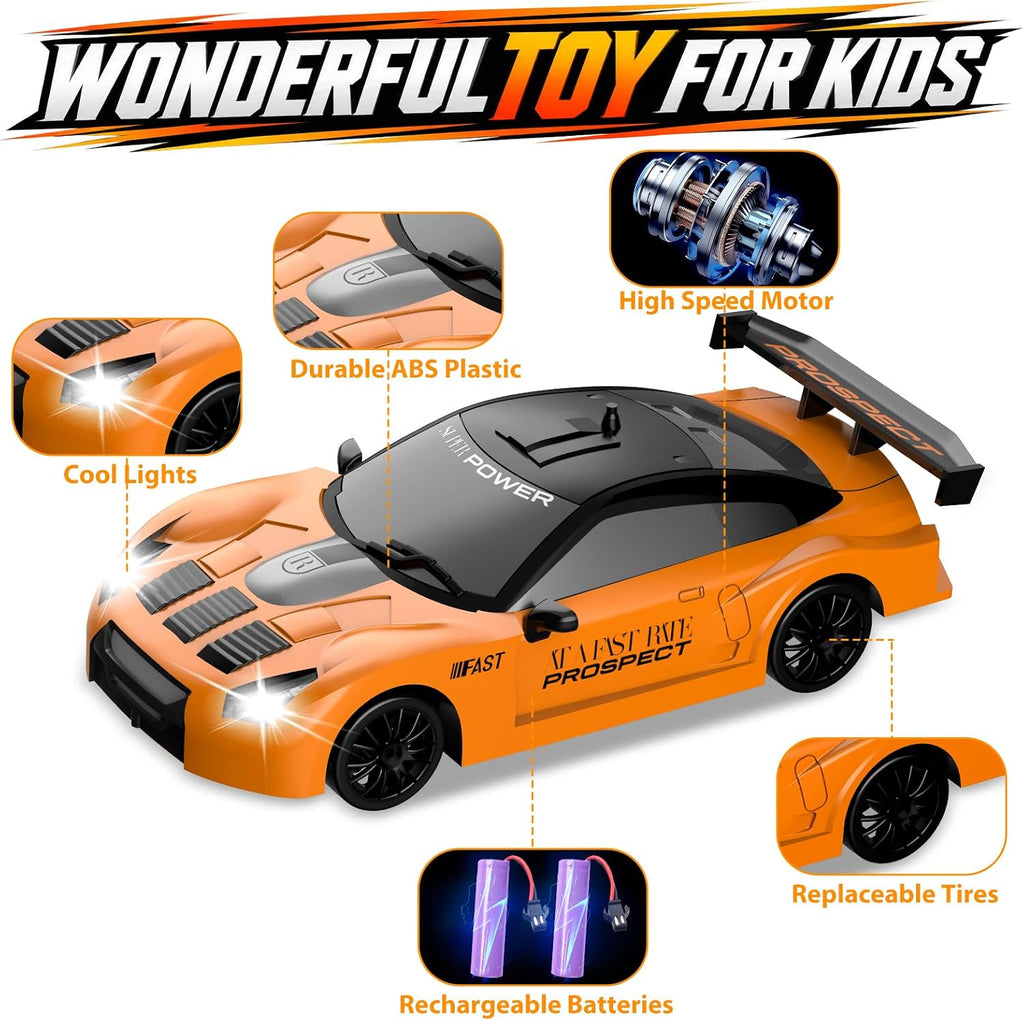 RC Drift Car 1/24 2.4Ghz Remote Control Car 4WD High Speed Drifting RC Cars with LED Light and Drift Tires Racing Toy Cars for Boys Girls Kids Adults (Orange)