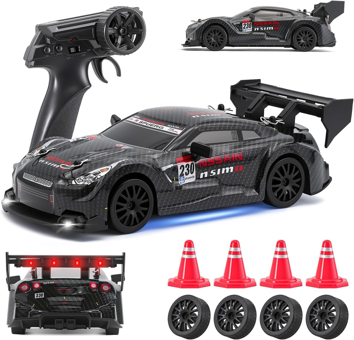 RC Drift Car, 1:24 Scale Remote Control Vehicle for Kids,2.4Ghz 20KM/H 4WD High Speed RC Cars with LED Light, Two Batteries & Drifting Tires Racing Sport Toy Cars for Adults Boys Girls Kids 8601BK